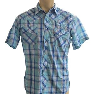 Wrangler Western Shirt Mens M Blue Plaid Pearl Snap Short Sleeve Wrancher Logo